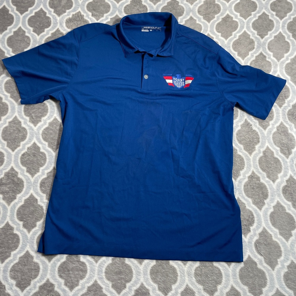 Nike Golf Polo Shirt Mens Large Blue Shiner Beers Toast Our Troops Dri-FIT